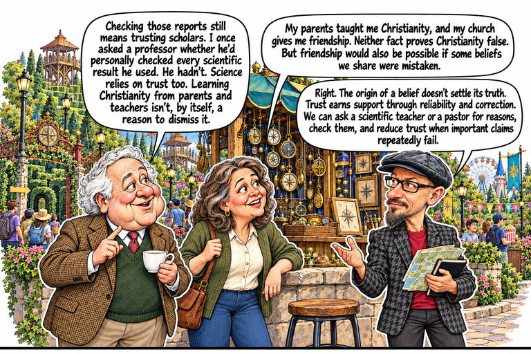 Scene 8: Trust that can be corrected. At a crowded compass stall, John at left holds a white teacup and raises one forefinger. Ruth leans on the wall in the center, holding her bag strap and smiling toward Phil. Phil at right opens one hand while holding a folded map and notebook. An empty stool stands in front; visitors, hedge paths, a tower and rides fill the background.