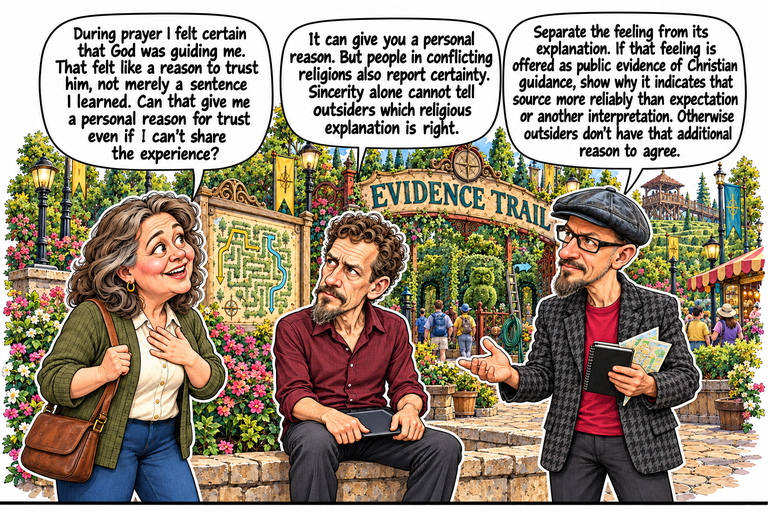 Scene 9: The feeling and the public claim. Ruth stands at left with one hand on her chest and the other on her bag strap. Michael sits on the wall in the center, facing her with both hands at the edges of a face-down tablet on his lap. Phil stands at right with an open palm, folded map and notebook. Flowers, the maze map, owl topiary and passing visitors keep the setting ordinary.