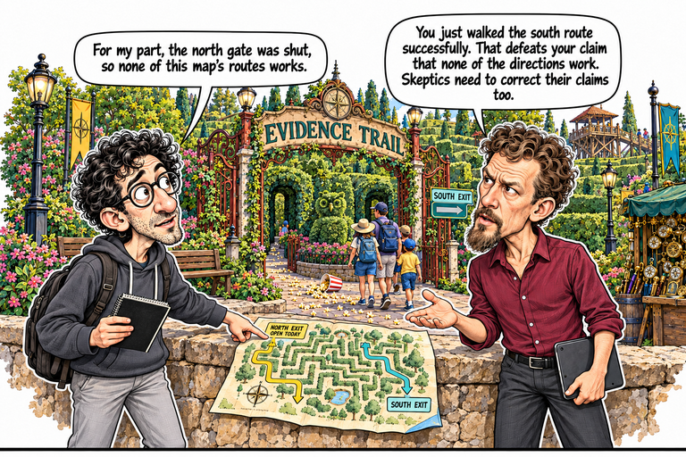 Scene 10: One route worked. Alex at left points beside NORTH EXIT / OPEN TODAY on the loose paper map resting on a low wall. Michael at right holds his tablet and opens one hand toward the conversation. The map has yellow and teal routes, a SOUTH EXIT label and a blue folded corner. Behind them, visitors walk through the park near a SOUTH EXIT direction sign, owl topiary and compass stall.