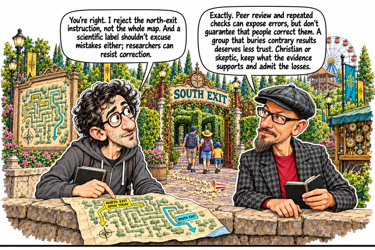 Scene 11: The skeptic corrects his map. Alex and Phil lean over a loose park map on a stone wall. Alex points beside NORTH EXIT / OPEN TODAY on the yellow route; the teal route is marked SOUTH EXIT, and the paper has a blue lower-right fold. Phil holds an open black notebook. Behind them, a family walks through an open SOUTH EXIT arch; a compass cart and spilled popcorn fill the park scene. Two separate balloons point to Alex at left and Phil at right.