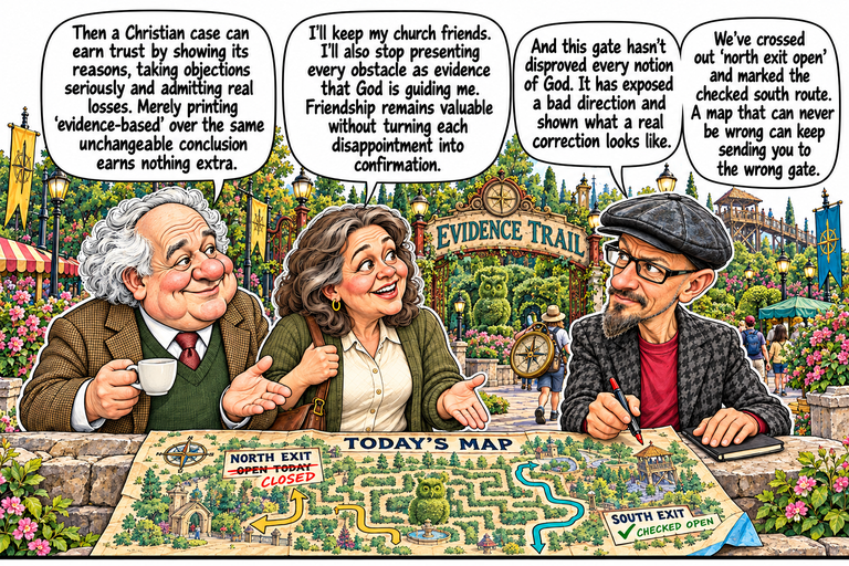 Scene 12: A correction you can use. John, Ruth and Phil stand behind a stone wall over a large park map. Its north-open claim is crossed out and marked CLOSED, while the south exit is marked CHECKED OPEN. John holds his teacup and an open palm, Ruth gestures beside her bag, and Phil holds a marker above the map with his other hand on a notebook. A visitor carrying an oversized compass walks into the park behind them.