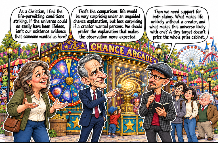 Scene 1: The prize is bigger than the ticket. Ruth stands at the left of the Chance Arcade booth, William at center and Phil at right. William indicates the trophy while Phil holds his notebook. Alex, Morgan and John watch behind them. The cosmic wheel, illuminated stalls and busy park queue fill the open-edged setting.