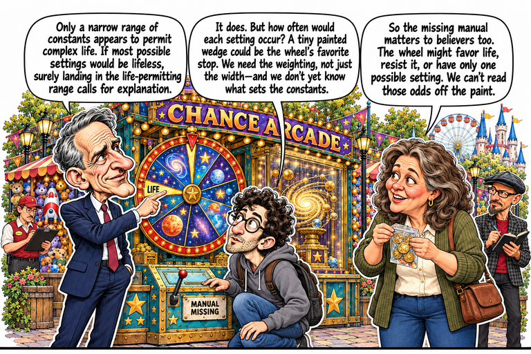 Scene 2: The wheel has declined to publish its methods. William points precisely to the LIFE wedge on the left side of the cosmic wheel. Alex crouches in front of its closed MANUAL MISSING panel. Ruth holds a packet of tokens on the right, while Phil watches with his notebook behind her. The Chance Arcade sign, a smaller galaxy wheel and a crowded midway surround them.