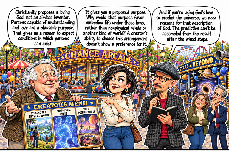 Scene 3: The designer has a very large menu. John stands on the left with an open CREATOR’S MENU showing three distinct illustrated choices: PERSONS IN A PHYSICAL WORLD, NONPHYSICAL MINDS and OTHER POSSIBLE WORLDS. Morgan, at center, points left toward John while looking at him. Phil stands on the right holding his notebook. William and Ruth listen near the Stars & Beyond display in the background.