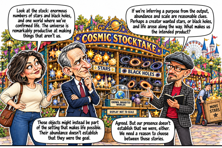 Scene 4: The universe appears to buy wholesale. Morgan, William and Phil stand beside a cosmic display. A magnifier singles out a tiny Earth beside the KNOWN INHABITED WORLDS label. Stars and black holes occupy the larger display, marked DISPLAY NOT TO SCALE. Two upper balloons and two lower balloons carry the exchange without covering the essential labels.