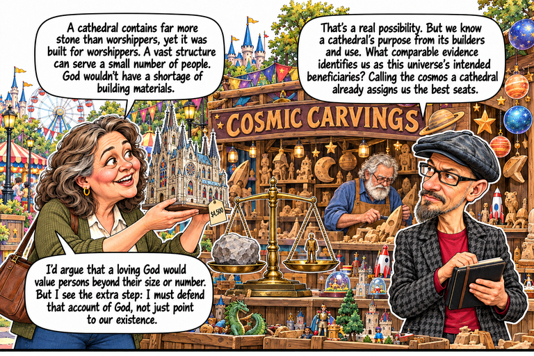 Scene 5: Purpose does not come by the kilogram. Ruth holds a miniature cathedral at the left while Phil responds on the right. A balance displays a large stone against a tiny human figure. An older bearded woodcarver works at a cluttered stall behind them, with small carvings and tools visible.