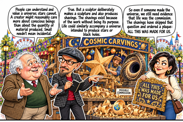 Scene 6: The shavings apply for top billing. John, Phil and Morgan stand at the carving stall. A large star and a wooden black-hole ring sit among curled wood shavings; a tiny Earth appears among the shavings. A POSSIBLE COMMISSION sign and an ornate ALL THIS WAS MADE FOR US plaque frame the discussion. The woodcarver works in the background.