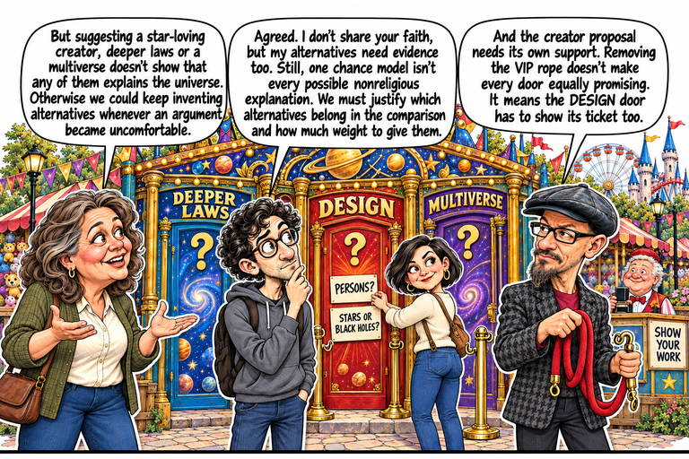 Scene 7: All explanations must queue. Ruth speaks at left, Alex at center and Phil at right before three closed doors: blue DEEPER LAWS, red DESIGN and purple MULTIVERSE. Morgan attaches PERSONS? and STARS OR BLACK HOLES? cards to the red DESIGN door. Phil holds the whole detached velvet rope, with both ends visible; the posts are empty and no doorway remains roped off. A SHOW YOUR WORK sign stands at the side.