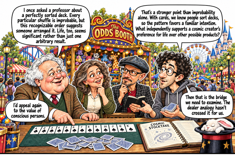Scene 8: A miracle in every shuffle. John and Alex discuss the display while Ruth and Phil listen. A complete row of thirteen spades runs from ace through king beside a separate face-down pile. The COSMIC STOCKTAKE ledger sits nearby. The two main upper balloons and smaller lower replies preserve the ordered-card comparison.