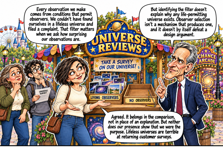 Scene 9: The survey has a survival problem. Morgan and William stand at the Universe Reviews kiosk. The LIVING OBSERVERS tray contains responses; the NO OBSERVERS tray is empty. Ruth and Alex watch nearby. A universe survey form reinforces the difference between the existence of observers and a representative sample of possible universes.
