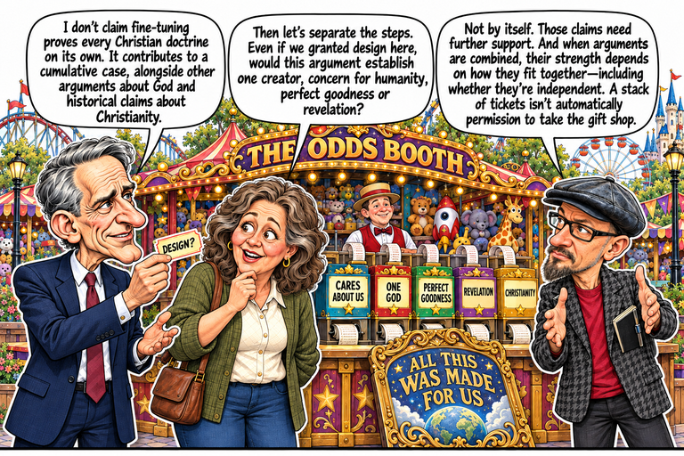 Scene 10: Please redeem conclusions separately. William holds a DESIGN? ticket on the left, Ruth stands in the center and Phil responds at right with his notebook. Five separate prize boxes are labeled CARES ABOUT US, ONE GOD, PERFECT GOODNESS, REVELATION and CHRISTIANITY. The ornate humanity plaque remains unclaimed in the foreground.
