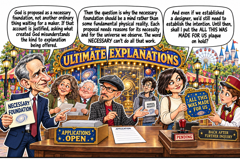 Scene 11: The explanation desk is still hiring. William holds a NECESSARY FOUNDATION card on the left. Phil, at center with his notebook, gestures toward an unsigned application. Morgan passes the ornate ALL THIS WAS MADE FOR US plaque toward a park attendant at right. APPLICATIONS OPEN, PENDING and BACK AFTER FURTHER INQUIRY accompany the Ultimate Explanations counter; the trophy remains behind glass while the other visitors examine papers.