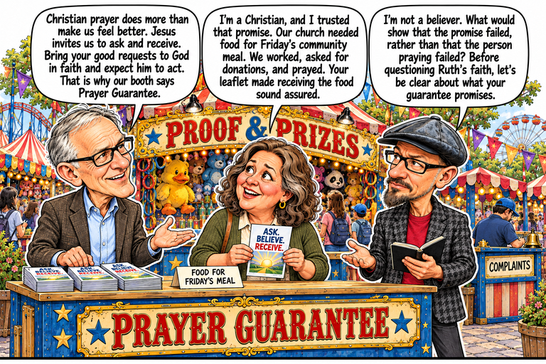 Scene 1: The promise on the front. Greg opens one hand beside stacks of Ask. Believe. Receive. leaflets at Proof & Prizes. Ruth holds one leaflet, while Phil holds an open notebook and gestures toward the conversation. A Food for Friday’s Meal card stands above a large Prayer Guarantee placard, with a small complaints desk at the right.