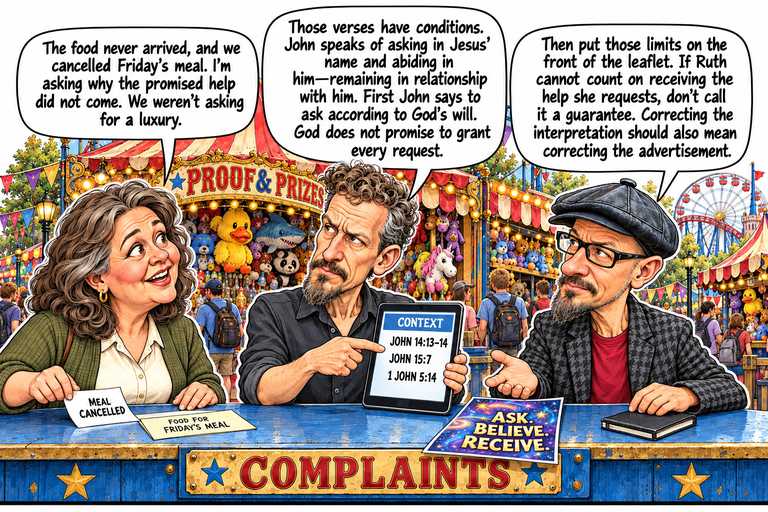 Scene 2: The conditions on the back. Ruth holds a Meal Cancelled slip beside the separate Food for Friday’s Meal card. Michael points to references on a tablet headed Context. Phil opens one palm beside his closed notebook and the Ask. Believe. Receive. leaflet on the blue complaints counter.