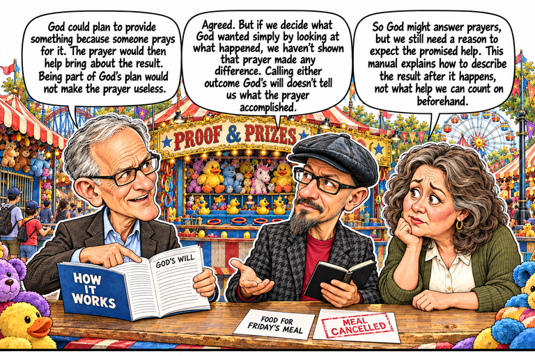 Scene 3: Whose plan?. Greg holds open a How It Works manual and points beside a page headed God’s Will. Phil opens one palm while holding his notebook. Ruth rests her cheek on one hand and watches the exchange with a thoughtful frown. The original meal request and separate Meal Cancelled slip remain on the counter.