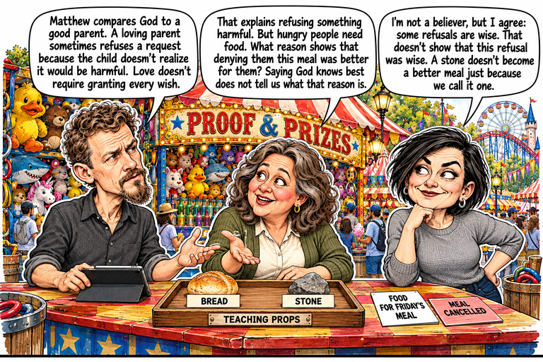 Scene 4: The father’s table. Michael gestures toward one bread roll and one stone on a Teaching Props tray. Ruth holds an open palm toward the tray, while Morgan rests her chin on one hand and her other hand on her hip. The original meal request and cancellation slip lie separately beside the tray.