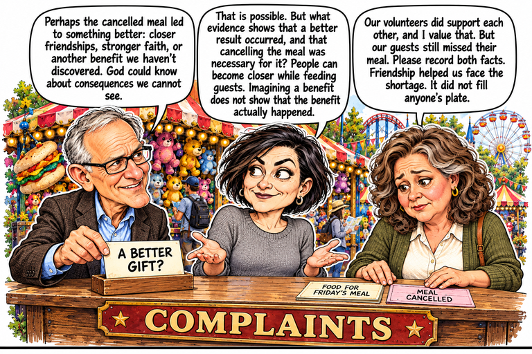 Scene 5: A better gift?. At the complaints desk, Greg holds an A Better Gift? card in a wooden holder. Morgan turns toward him with both palms open. Ruth rests her hands beside the original Food for Friday’s Meal request and the separate Meal Cancelled slip. A plush sandwich, other toy prizes, park visitors and rides fill the background.