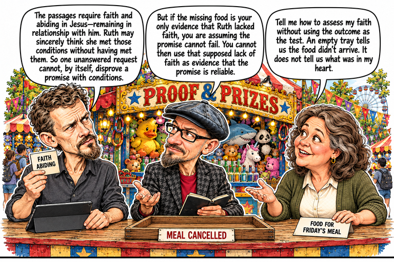 Scene 7: The faith inspection. Michael holds a card reading Faith and Abiding beside his tablet. Phil opens one palm above his notebook, and Ruth gestures toward the conversation while resting her other hand on the Food for Friday’s Meal card. An empty wooden tray labeled Meal Cancelled sits between them.