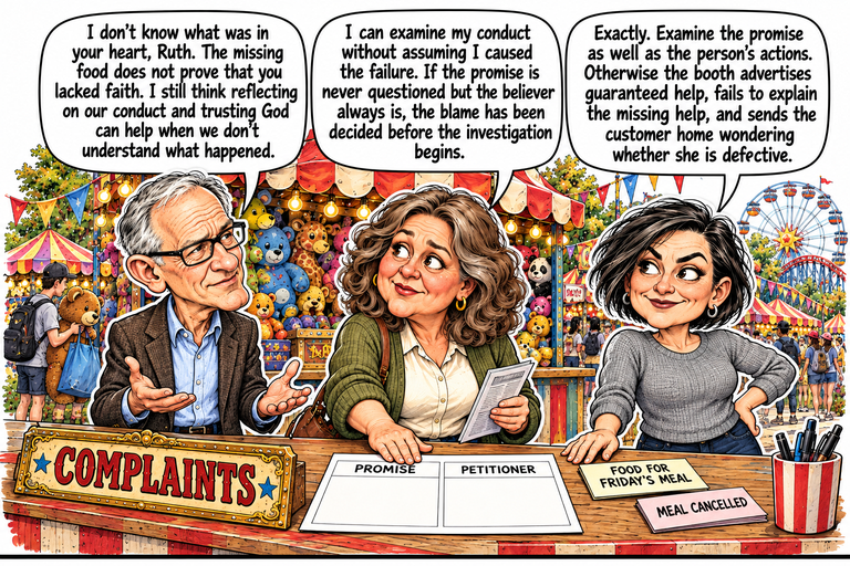 Scene 8: The complaint changes owners. At the complaints counter, Greg opens both hands as Ruth slides forward a blank form with separate PROMISE and PETITIONER sections. She holds a leaflet in her other hand. Morgan rests one hand beside the form and the other on her hip. The original meal request and cancellation slip remain separate on the counter.