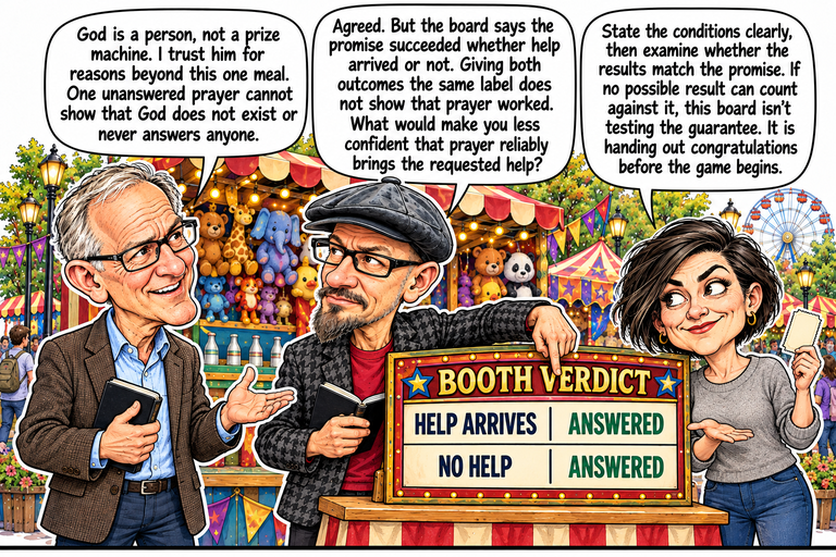 Scene 9: A scoreboard that cannot lose. Greg speaks with an open hand beside Phil and Morgan. Phil points downward above the right column of a Booth Verdict board. Its two rows read Help Arrives — Answered and No Help — Answered. Morgan holds a blank ticket and opens her other hand beside the board.
