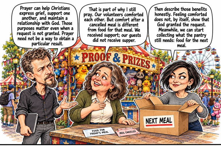 Scene 10: What comfort actually supplies. Michael holds his tablet at his side and gestures with an open palm. Ruth rests one hand on her chest and one on the counter. Morgan holds open the flaps of an empty cardboard box labeled Next Meal. The original meal request and cancellation slip remain separate on the counter.