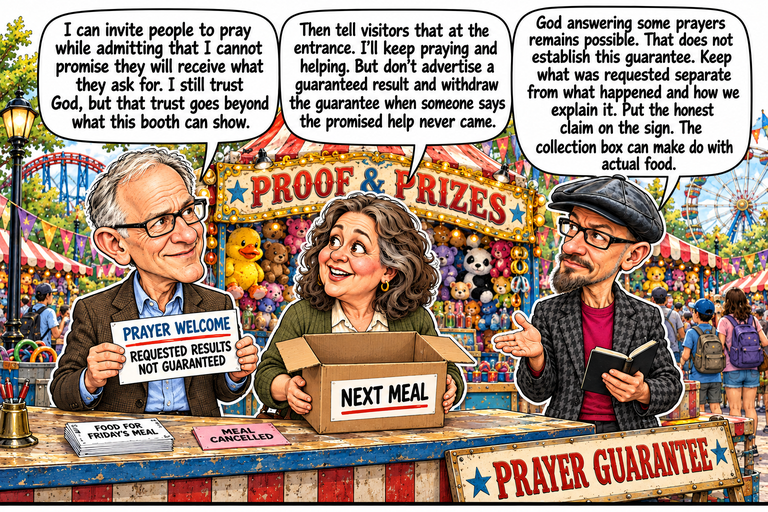 Scene 11: A label that fits. Greg holds a new sign reading Prayer Welcome and Requested Results Not Guaranteed. Ruth holds an empty cardboard box labeled Next Meal, while Phil gestures with an open hand beside his notebook. The old Prayer Guarantee placard leans below the counter. The original meal request and cancellation slip remain visible.