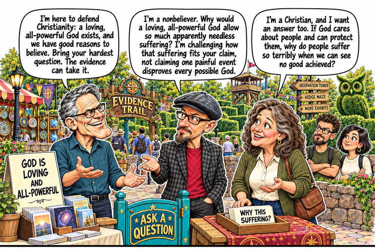 Scene 1: One question at the gate. Frank stands at the Evidence Trail with open hands beside a board reading GOD IS LOVING AND ALL-POWERFUL. Phil responds from the center, and Ruth stands on the right beside a separate WHY THIS SUFFERING? question tray. An ASK A QUESTION gate stands between the booth and the visitors. David and Morgan listen behind Ruth; the hedge maze, observation tower, owl topiary and other park visitors fill the background.