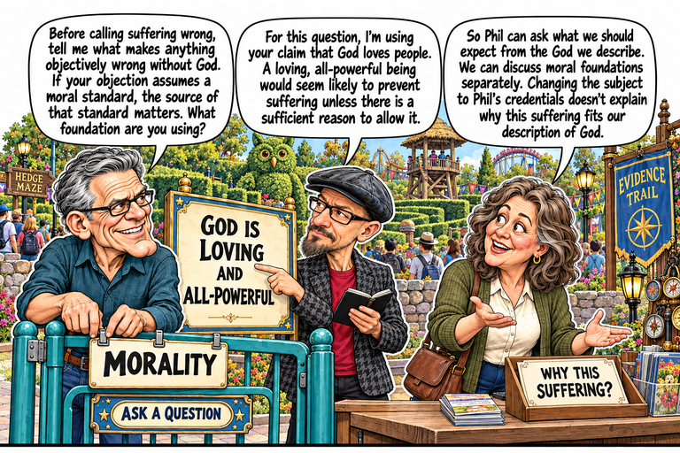 Scene 2: First, your moral foundation. Frank clips a MORALITY placard across the ASK A QUESTION gate on the left. Phil stands at center, notebook in one hand, pointing immediately below LOVING on the GOD IS LOVING AND ALL-POWERFUL board without obscuring the wording. Ruth responds at the right with both palms open. Her WHY THIS SUFFERING? card remains fully visible in a separate tray. The Evidence Trail and hedge maze continue behind them.