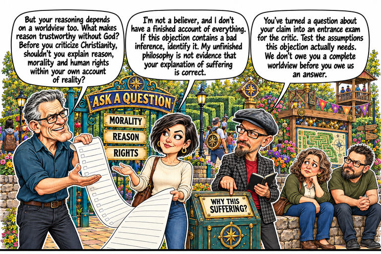 Scene 3: The application gets longer. Frank holds up a long blank ruled questionnaire at the left. Morgan supports its curling lower end at center, with her free palm raised. Phil stands at right with his notebook and points beside the separate WHY THIS SUFFERING? question tray. The ASK A QUESTION gate now carries MORALITY, REASON and RIGHTS placards. Ruth and David sit listening on a wall beside the maze map.
