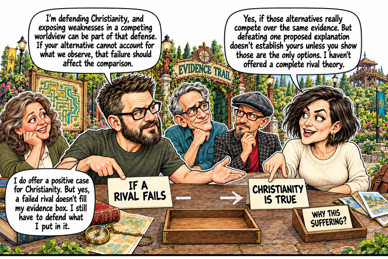 Scene 4: Crossing out is not filling in. David sits left of Morgan at the counter while Ruth, Frank and Phil listen. Two cream cards read IF A RIVAL FAILS and CHRISTIANITY IS TRUE, separated by a chalk arrow with a wide missing middle section. David points to the first card and opens his other hand; Morgan points to the second. An empty evidence box sits in front, and WHY THIS SUFFERING? remains in a separate tray at lower right. David’s final balloon is lower left.