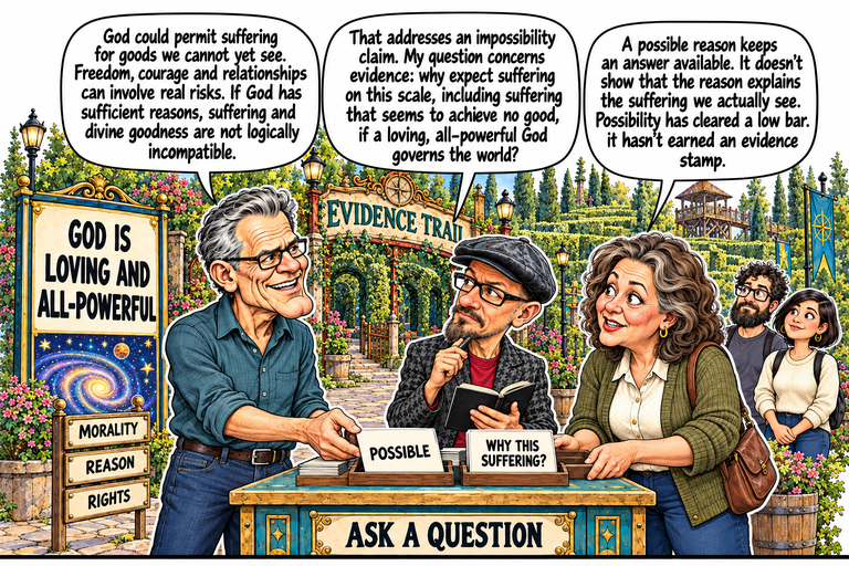 Scene 5: A possible answer. Frank presents a POSSIBLE card beside the separate WHY THIS SUFFERING? card at the turquoise ASK A QUESTION checkpoint. Phil holds his open notebook and a pen near his chin; Ruth steadies the question tray. The complete GOD IS LOVING AND ALL-POWERFUL claim and galaxy illustration stand at left above MORALITY, REASON and RIGHTS. David and Morgan listen behind Ruth.