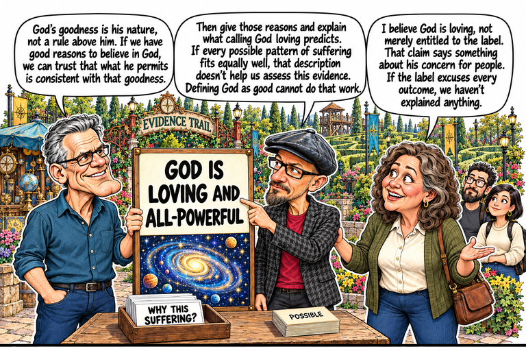 Scene 6: What the description commits us to. Frank holds the left edge of a tall cream claim board reading GOD IS LOVING AND ALL-POWERFUL above a blue-and-gold galaxy. Phil stands to its right and points beside the claim with his index finger; Ruth opens her hand at the far right. WHY THIS SUFFERING? occupies its own foreground tray, separate from the POSSIBLE cards. Morgan and David listen behind Ruth amid the Evidence Trail hedges and lamps.