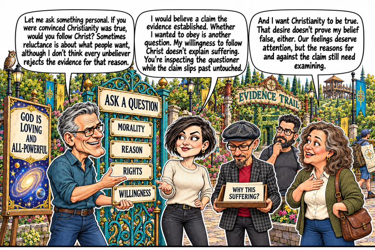 Scene 7: The questioner gets inspected. Frank holds the WILLINGNESS placard below MORALITY, REASON and RIGHTS on an ornate turquoise ASK A QUESTION gate. Morgan answers from the center, directly beneath her balloon. Phil silently carries the WHY THIS SUFFERING? tray; Ruth speaks at right with a hand on her chest, and David listens behind. The original Christian claim board and galaxy stand at far left.