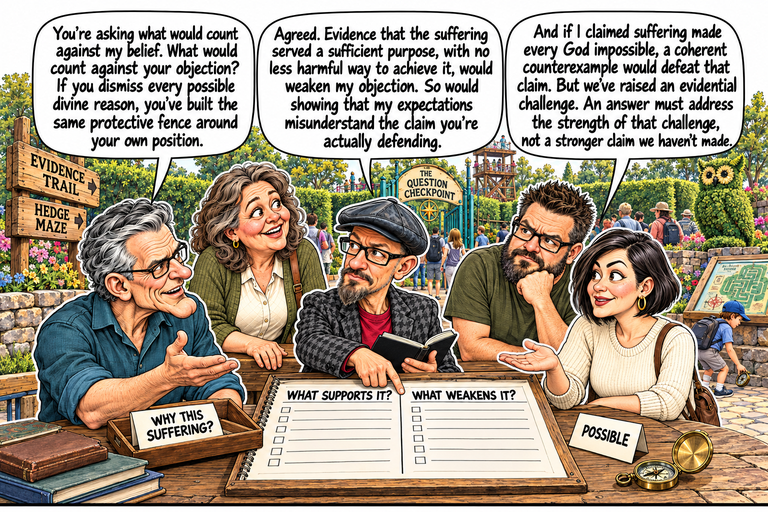 Scene 8: The same question in both directions. Frank, Phil and Morgan gather around a large two-column checklist headed WHAT SUPPORTS IT? and WHAT WEAKENS IT? Phil holds his notebook and points beside the central divider near the second heading; both columns remain blank. The WHY THIS SUFFERING? card sits separately on the left and a POSSIBLE card on the right. Ruth and David listen behind them at the Evidence Trail, surrounded by its maze, observation tower and owl topiary.