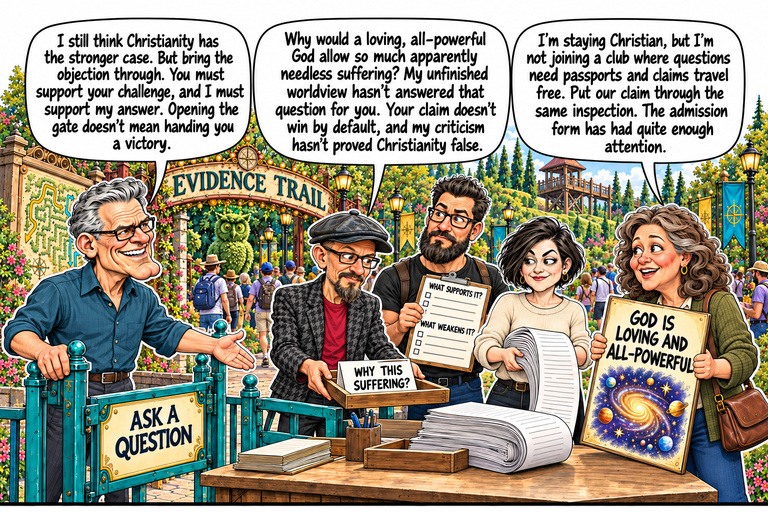 Scene 10: Let the claim through. Frank swings the ASK A QUESTION gate open and gestures Phil through with the WHY THIS SUFFERING? tray. David carries a smaller checklist headed WHAT SUPPORTS IT? and WHAT WEAKENS IT? Morgan gathers the long blank admission form onto the table, while Ruth holds the unchanged GOD IS LOVING AND ALL-POWERFUL board. The gate no longer carries the accumulated requirements; blank-backed placards are stacked on the table.