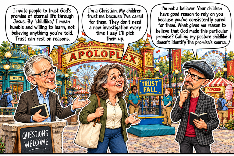 Scene 1: What does childlike mean?. At the Grand Midway, Greg stands at a low stone plinth with a closed book and open palm beside a QUESTIONS WELCOME board. Ruth holds her cream tote and opens her other hand toward Phil. Phil touches his pointed goatee while holding an open notebook. Behind them, two teal-shirted attendants wait beside a low blue platform, thick teal mat and TRUST FALL sign. The APOLOPLEX arch, ticket kiosks, rides and busy park visitors fill the background.