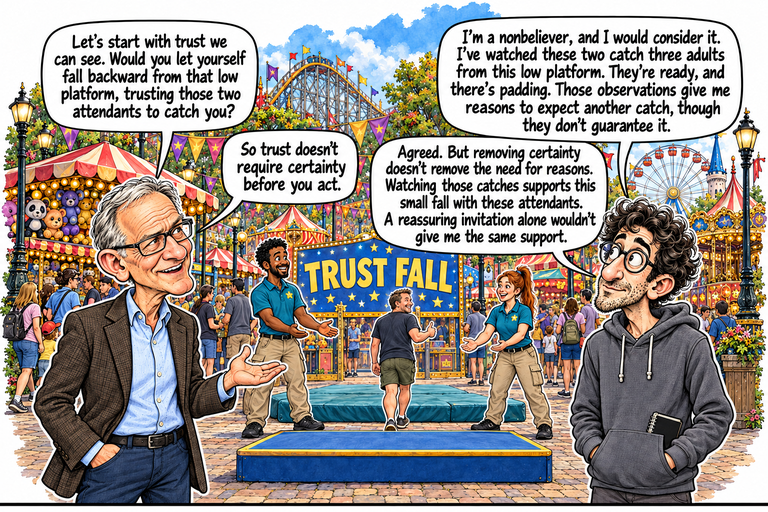 Scene 2: Reasons to lean back. Greg stands at left with one open palm extended toward a small blue platform. Alex stands on the ground at right, hands in his gray hoodie pockets with a notebook tucked in. A thick teal mat lies on the ground behind the platform. Two teal-shirted attendants wait with open hands on either side; a smiling participant walks away between them, giving a thumbs-up. A large TRUST FALL board, toy stall, rides and crowds fill the midway.