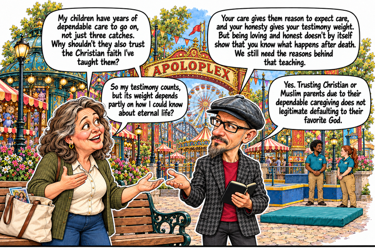 Scene 3: A parent's reach. Ruth and Phil talk beside a wooden park bench beneath the Apoloplex gate. Ruth holds one hand to her chest and opens her other palm toward Phil; a cream tote with a family photograph rests on the bench. Phil opens one palm in reply while holding a small black notebook. Behind them, two attendants stand on the paving beside a teal landing mat, separated from the low blue platform. Four white speech balloons alternate between Ruth and Phil.