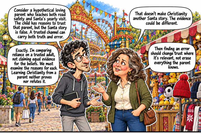 Scene 4: The story a trusted person tells. Alex and Ruth talk beside a souvenir stall filled with stuffed animals and winter hats. Alex holds a closed notebook against his gray hoodie and opens his other palm toward Ruth. Ruth raises a questioning palm while keeping her other hand in her trouser pocket; her brown shoulder bag hangs at her side. A red knitted winter hat stands among the souvenirs. Visitors, rides and part of the ornate midway arch fill the background.