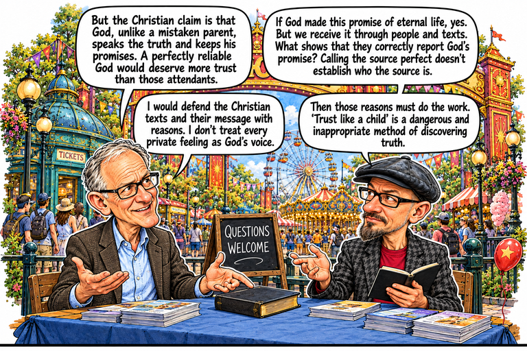 Scene 5: Who made the promise?. Greg and Phil sit across a blue-covered pamphlet table beneath the midway arch. Greg holds one palm open and points toward a closed black book at the center of the table. Phil holds an open notebook and makes a small open-hand gesture. A QUESTIONS WELCOME board stands between them; leaflet stacks, a teal ticket kiosk, carousel, crowds and a red star balloon fill the surrounding park. The demonstration platform and attendants are outside this view.