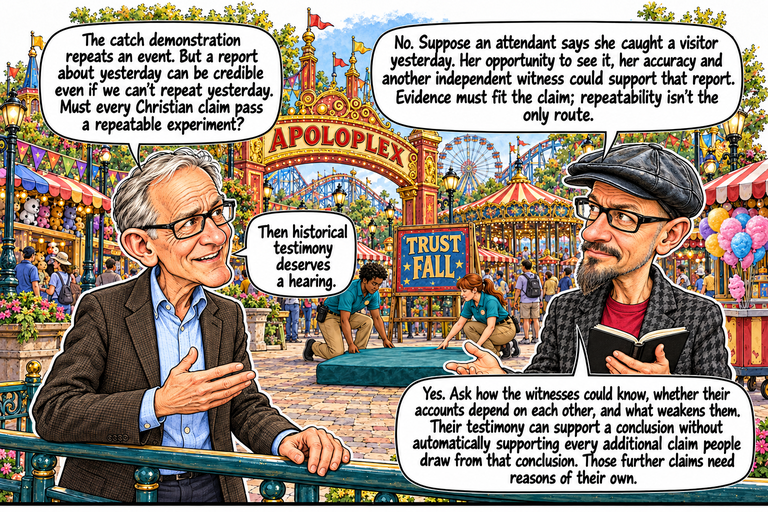 Scene 6: More than one kind of evidence. Greg and Phil talk across the foreground rail. Greg rests one hand on the rail and raises his other palm toward Phil. Phil holds an open notebook and makes a small open-hand gesture. Behind them, two attendants kneel at opposite sides of a thick teal mat resting directly on the paving beneath a TRUST FALL sign. The launch platform is outside this view. The midway arch, carousel, Ferris wheel, stalls and visitors fill the background.