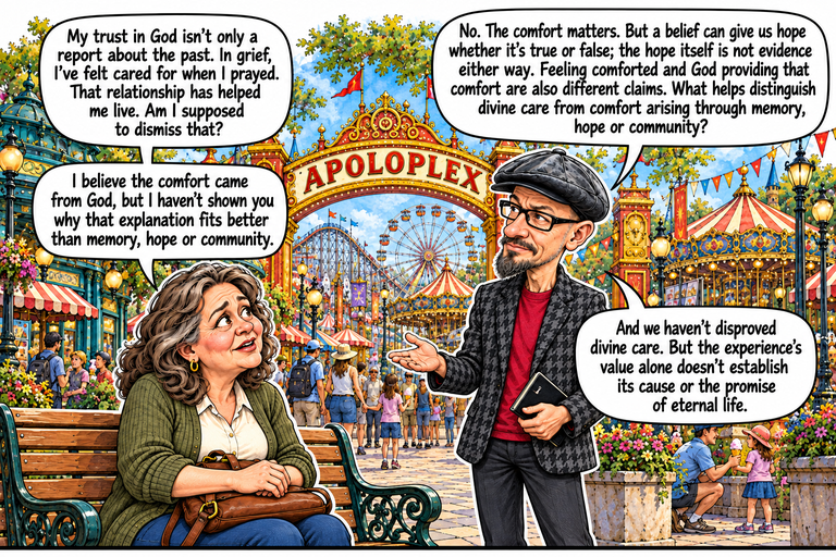 Scene 7: The comfort and the cause. Ruth sits on a wooden bench with her hands resting over a brown shoulder bag in her lap, looking up toward Phil. Phil stands a little apart, holding a closed notebook and offering a small open palm. The APOLOPLEX arch, carousel, Ferris wheel and crowds remain behind them. At lower right, a parent crouches beside a child holding an ice cream. No supernatural presence is shown.