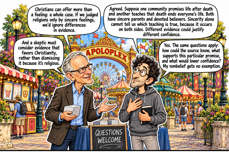Scene 8: The same question elsewhere. Greg and Alex stand at a pamphlet table beneath the APOLOPLEX arch. Greg holds a stack of leaflets and offers his other palm toward Alex. Alex presses one hand to his chest while holding a closed dark notebook with the other. A QUESTIONS WELCOME board stands in front of the table. Snack stalls, lamps, flowers, a Ferris wheel, carousel and passing visitors surround them.