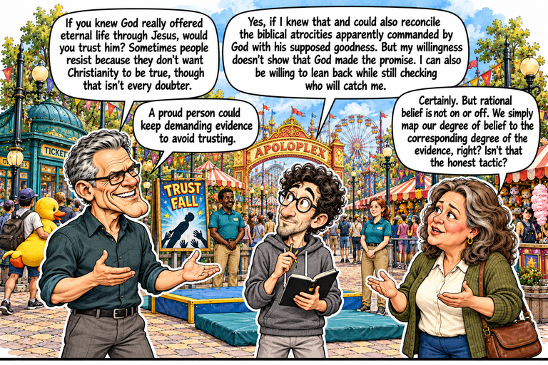 Scene 9: Willing to trust whom?. Frank stands at left with both palms open, addressing Alex and Ruth beside the demonstration. Alex stands on the ground in the center with an open notebook and writing implements near his chin. Ruth answers with both hands open. Two teal-shirted attendants wait behind them beside a low blue platform and a separate thick teal ground mat. A TRUST FALL board shows a simple falling-person illustration; the busy midway arch and rides fill the background. No one is falling in the scene.