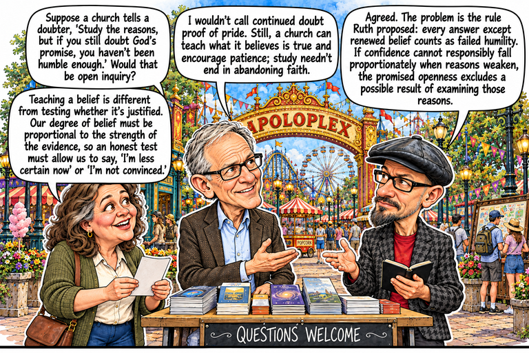Scene 10: A course with one permitted answer. Ruth, Greg and Phil stand at a pamphlet table on the crowded midway. Ruth holds a blank-backed cream leaflet by its lower corners and looks up at Greg. Greg offers an open palm toward Phil, who holds an open dark notebook and responds with a small hand gesture. Brochure stacks cover the table above a QUESTIONS WELCOME board. The APOLOPLEX arch, Ferris wheel, carousel and passing visitors fill the background.