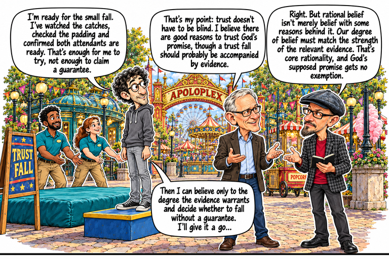 Scene 11: Trust with your eyes open. Alex stands upright on a low blue platform with a yellow edge, both feet planted, looking toward Greg and Phil. Two teal-shirted attendants wait with open palms behind him beside a separate thick teal mat on the ground. A TRUST FALL board stands to the left. Greg opens both palms while Phil holds a small notebook and gestures back. The APOLOPLEX arch, rides and crowded midway remain behind them. Alex has not begun the fall.